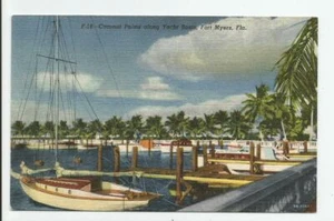 Coconut Palms along Yacht Basin Fort Myers Florida Postcard Vintage Linen FL - Picture 1 of 2