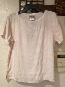 Vintage Cotton Stuff klassisches besticktes Top S/S babyrosa 100 % Leinen 44”Cx25”L LARGE - Bild 1 von 5