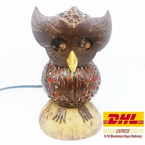 Owl Lamp Shade Table Bedside Desk Vintage Coconut Shell Wooden Home Decor Gift - Picture 1 of 12