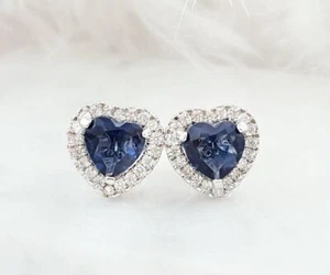 2ct Natural Sapphire Diamond Halo Love Stud Women Earrings 14k Solid White Gold - Picture 1 of 11