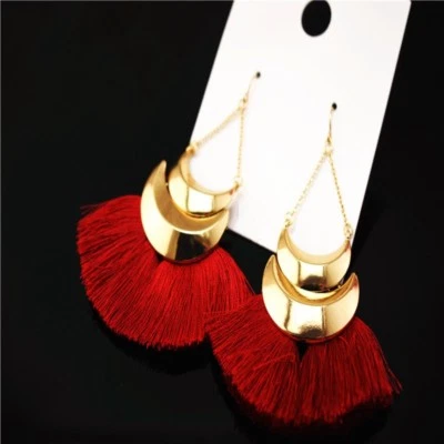 Fashion gold tone crescent moon red thread tassel chandelier earrings - Image 1 of 4