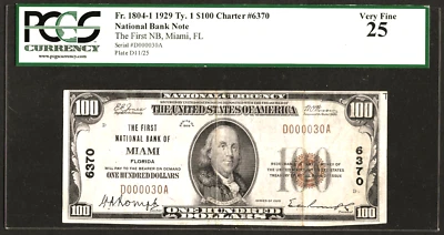 🇺🇸 FL 1929 $100 VERY LOW S/N:D000030A  ♚♚MIAMI, FLORIDA♚♚ PCGS VERY FINE 25 - Image 1 of 2