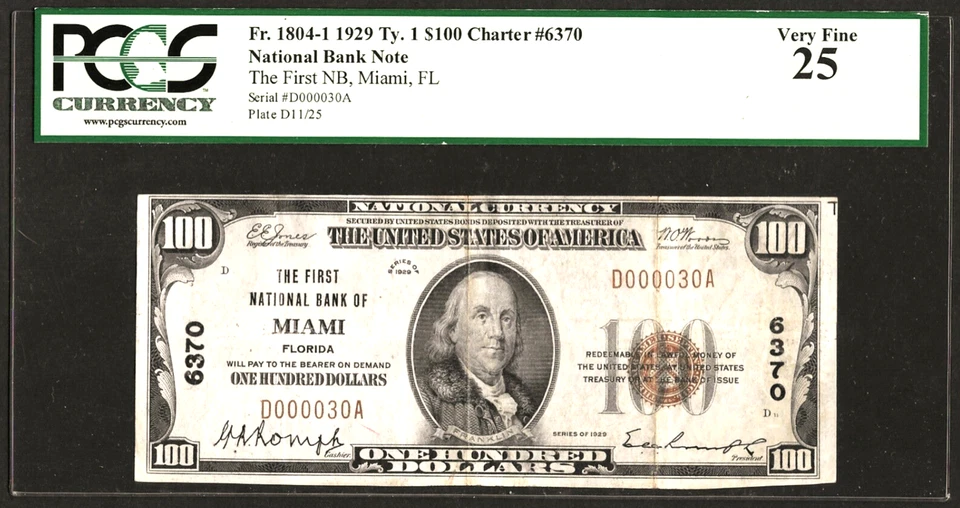 🇺🇸 FL 1929 $100 VERY LOW S/N:D000030A  ♚♚MIAMI, FLORIDA♚♚ PCGS VERY FINE 25 - Image 1 of 2