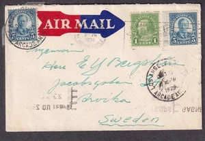 1936 air mail cover Los Angeles to Arvika Sweden via Paris France backstamp - Picture 1 of 2