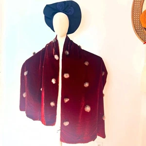 RUST Colored SILK VELVET & Satin 50’s 50s Rabbit Fur Vintage Shoulder Shawl Wrap - Picture 1 of 19