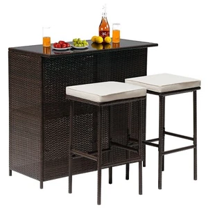 3PCS Patio Furniture Outdoor Bar Set Rattan Wicker Bistro Set with Two Stools - Picture 1 of 7