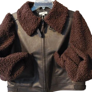 Neu mit Etikett Max Studio Jacke Mantel veganes Leder dunkelbraun große gefütterte Ärmel $ 178 UVP - Bild 1 von 14