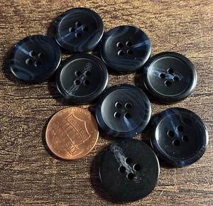 8 Vtg NOS Glossy Black & Blue Vein Plastic Sew-through Buttons 20mm 13/16" 14891 - Picture 1 of 2