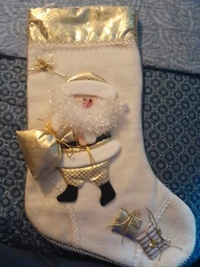 Beautiful Cream And Gold Santa Christmas Stocking Unbranded Barely If Ever Used - Picture 1 of 8