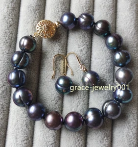 7.5-8" AAA+ 11-12mm natural black tahitian baroque pearl bracelet set 14k Gold - Picture 1 of 5
