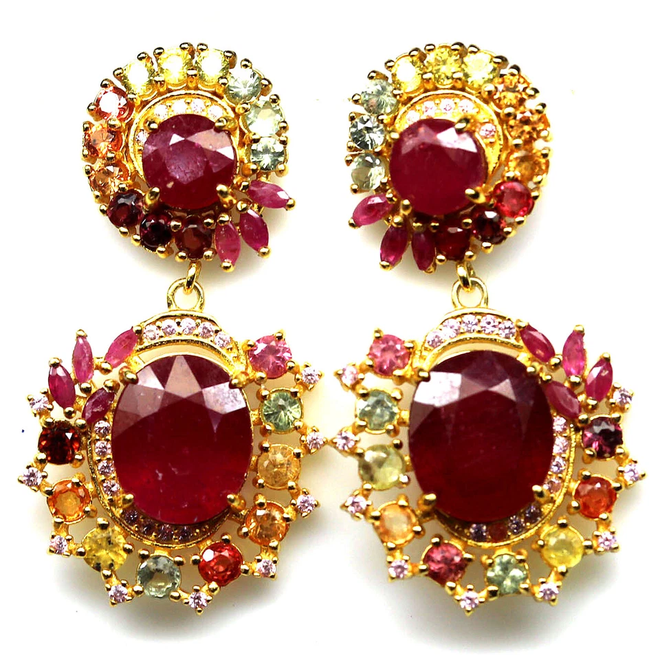 925 Sterling Silver Red Ruby & Fancy Coloe Sapphire Earrings Mother's Day - Image 1 of 4