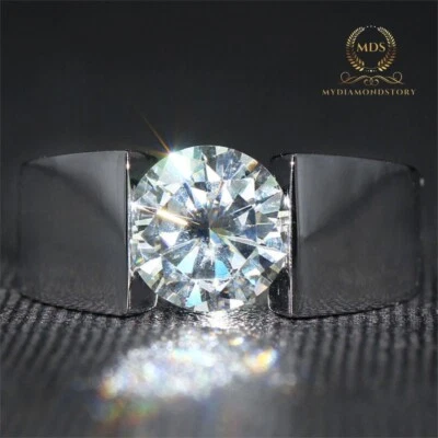 Moissanite Men's Wedding Ring Solid 14K White Gold Round Brilliant Cut 2 Carat - Image 1 of 4