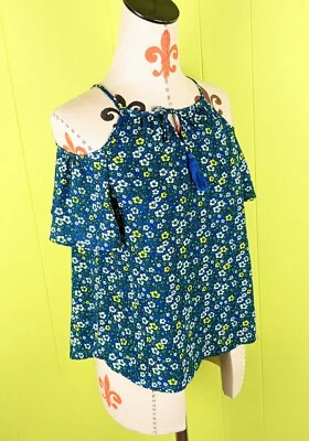 Blusa Copper Key Para Mujer Junior XL Hombro Frío Azul Amarillo Floral Boho Usada en Excelente Condición Foto 1 de 4