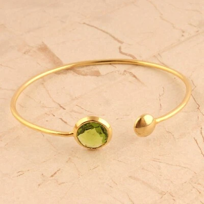 Tiny Peridot Quartz Gemstone Yellow Gold Plated Fashionable Adjustable Bangle  - Image 1 of 3