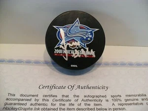 Sergei Samsonov Signed 2001 NHL All Star Game Puck COA Boston Bruins Carolina - Picture 1 of 1