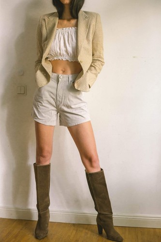 Blazer Valentino Vintage Beige Lino Giacca Designer Avena con Dettagli Bianchi