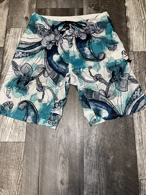 REEF Mens Sz 34 Teal Blue White Print Swim Trunks Board Shorts - Image 1 of 4