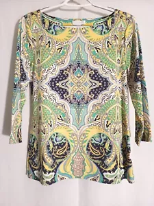 Charter Club-Yellow Green White Blue Paisley 3/4 Sleeve Boat Neck Knit Top-XL - Picture 1 of 6