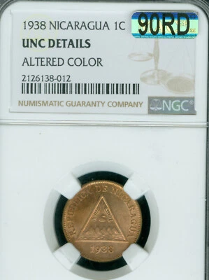 1938 NICARAGUA UN CENTAVO NGC UNC DETAILS MS65 MAC 90RED 90rd * - Image 1 of 2
