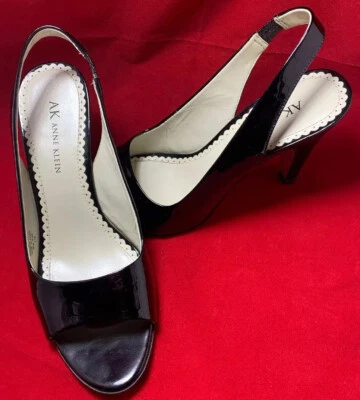 Anne Klein AK Portia Slingback Peep Toe PRETO Patente DFM0506 Tamanho 7M Veja Escolhas - Imagem 1 de 4