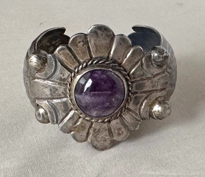 Sterling Silver & Amethyst Mexico Chunky Cuff Bracelet;Y276 - Image 1 of 4