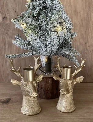 Deko Kerzenständer Set Hirschkopf Gold Landhaus Skandi Weihnachten Advent - Bild 1 von 2