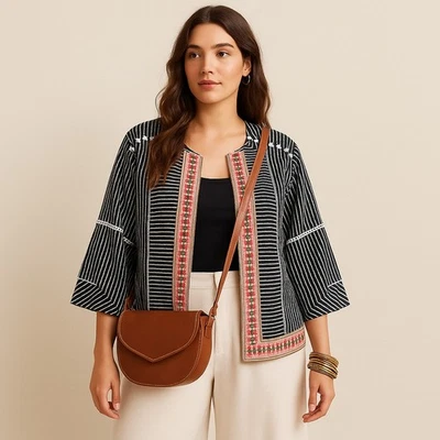 Rafaella Boho Kimono Jacket 3X Black White Crochet Embroidered Open Front - Image 1 of 4