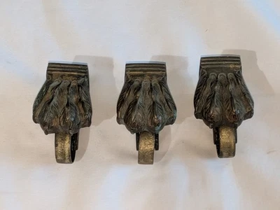 3 ANTIQUE Vintage BRONZE / BRASS CASTERS w/ LION CLAW FEET Foot & SWIVEL WHEELS - Image 1 of 4