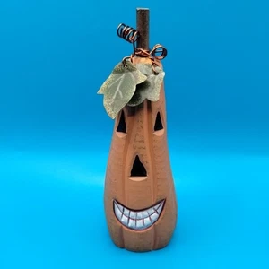 Rustic Wooden Skinny JOL Pumpkin Figurine Painted Face Tin Leaves Folk Art Decor - Picture 1 of 16