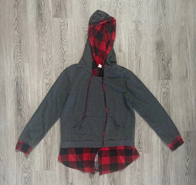 Gray & Red & Black Buffalo Plaid Hoodie Flannel Top, Size M Outdoor - Image 1 of 3