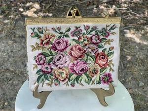 Vintage Petit Point Handtasche 50-60er Needlepoint Canvas Stickerei Blumenmuster - Bild 1 von 9