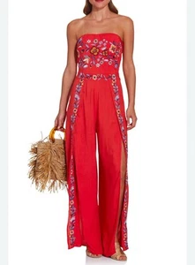 Boston Proper Red Floral Embroidered Jumpsuit Sz 0 Wide Leg Slit Western Boho - Picture 1 of 13