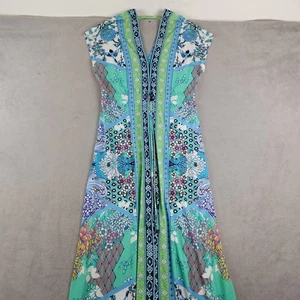 Hale Bob Dress Womens XS Blue Green Floral Boho Maxi V Neck Belted Drawstring - Picture 1 of 19
