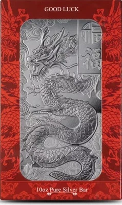 10 oz .999 Silver Bar ~ PAMP ~ Good Luck Dragon ~ Proof-Like In Case / Sleeve - Image 1 of 3