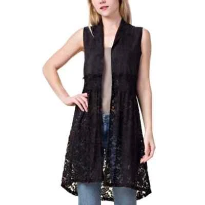 VOCAL Sz XL Black Faux Suede w/Lace Open Front Vest Grunge Whimsigoth Festival - Image 1 of 4