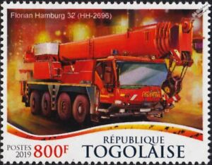 LIEBHERR Mobile Fire Crane Vehicle Truck HAMBURG (Germany) Stamp (2019 Togo)