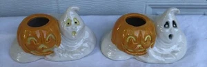 2ct Ceramic Candle Holder Ghost Pumpkin Halloween Hand Painted Glazed 1992 - Picture 1 of 6