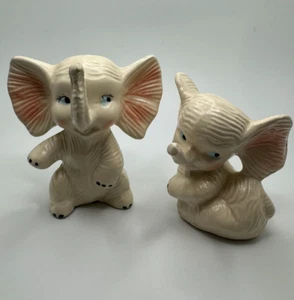 Vtg Lot of 2 Mid Century Kitsch Elephant Figurine Hand Painted White Pink Trunk - Picture 1 of 11