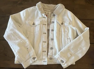Stoosh Vintage Denim Cream Sherpa Lined Trucker Jacket Sz. Tag L Measures Medium - Picture 1 of 10