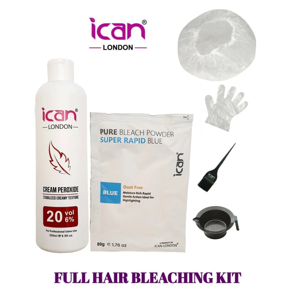 ICAN Full hair bleacking kit Cream Peroxide 250ml 6% VOL 20 + Rapid Blue Bleach 80g
