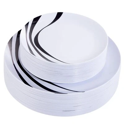 EI 60pcs White and Black Plastic PlatesPlastic Plates for PartyBlack Rim Plas... - Image 1 of 4