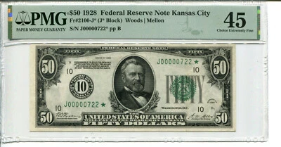 Fr 2100-J* STAR 1928 $50 Federal Reserve PMG 45 CHOICE EXTREMELY FINE - Image 1 of 2