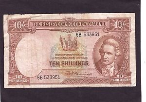 New Zealand 10 Shillings  P-158c  1956-67  VG