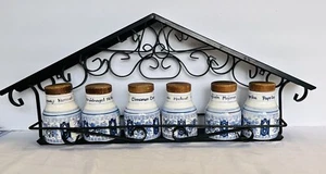 Vintage Apco Metal Black House Shaped Kitchy Spice Rack 6 Blue & White Jars - Picture 1 of 15