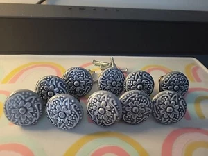 10 Pcs Vintage Ceramic Drawer Knobs Hand Painted wardrobe cupboard. Sky Blue. - Picture 1 of 5