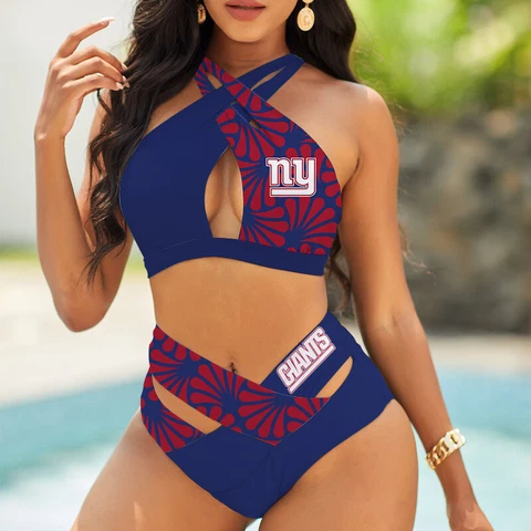 New York Giants Women's Crisscross Bikini Set High Waist Swimsuit Beach Swimwear Cover