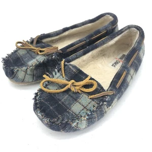 Minnetonka Mens Sz 8 Blue Plaid Slipper Faux Fur Lined Wool Blend Moccasin Shoe - Picture 1 of 8