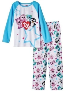 Girls TY Beanie Boos Fleece Pajamas -Pinky Owl / Waddles Penguin- Size 4/5 - Picture 1 of 8