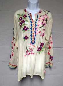 Johnny Was Heavily Embroidered Blouse Top Semi Sheer Tunic Beige Size Large - Picture 1 of 10