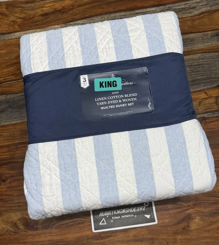 Juego de 3 piezas BROOKS BROTHERS Mezcla de Lino KING EDREDÓN FARS Acolchado Rayas Azules Foto 1 de 4